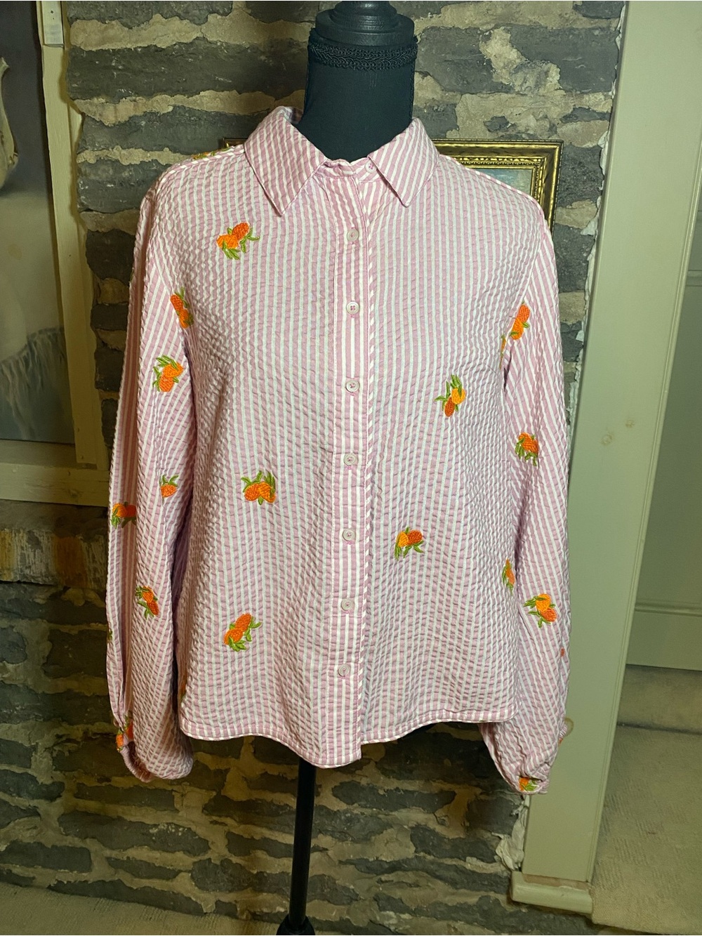 Anthropologie Pink Stripe Button-Down Shirt with Orange Embroidery